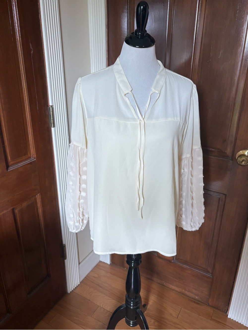 AndtheWhy Women’s Cream Tie-Neck Blouse with Sheer Dot Balloon Sleeves! New